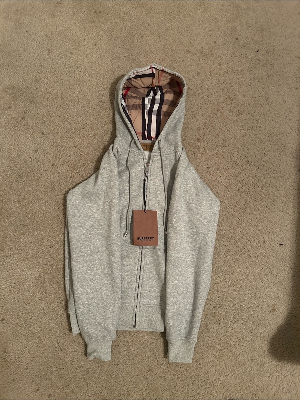 Burberry Light Gray Men's Zip-Up Hoodie with Signature Check Hood Lining